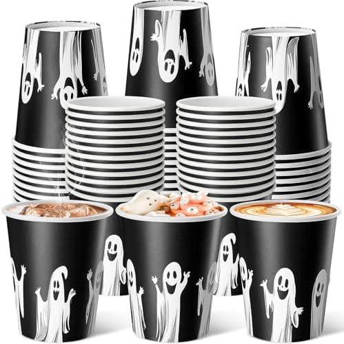 Roshtia 80 Pcs Halloween Disposable Paper Cups 8oz Ghost Drinking Black Cups for Coffee Juice Hot or Cold Drinks Cute Halloween Party Restaurant Business Supplies Decoration