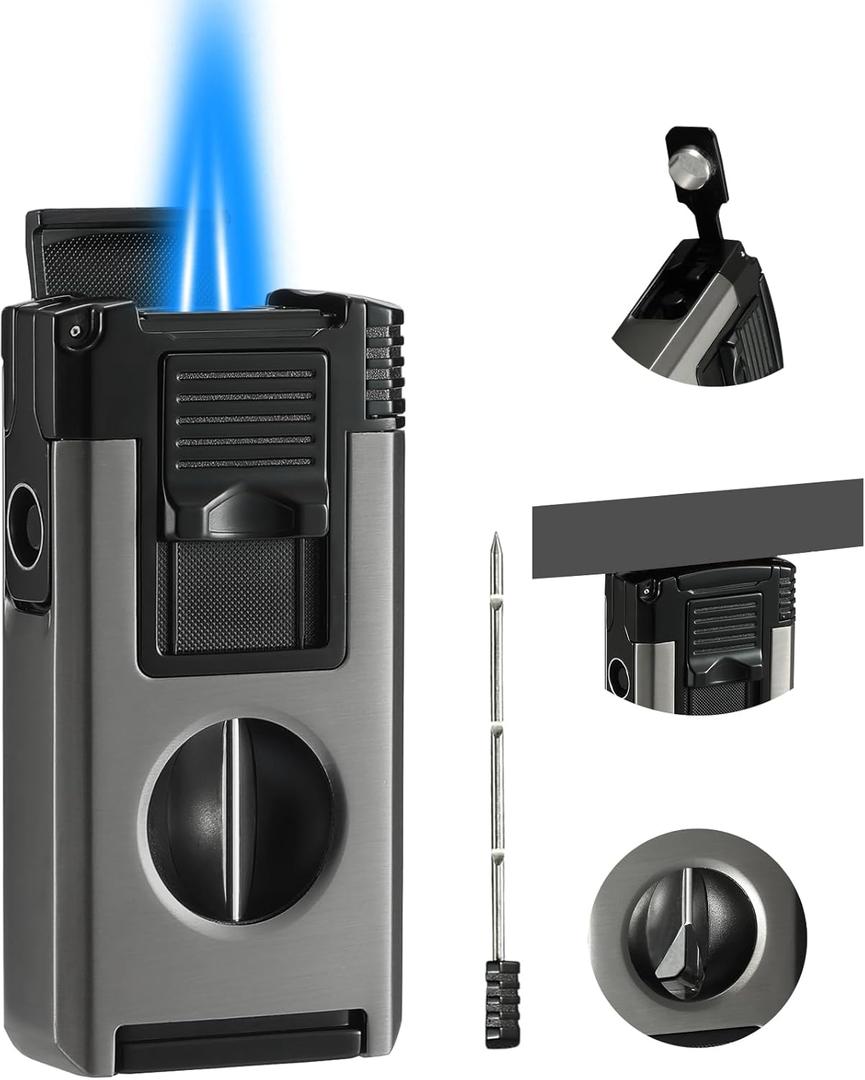 All in One Jet Flame Butane Torch Lighter Built-in Cutter V Cut, Punch, Holder Function, Draw Enhancer Tool, Refillable and Adjustable Windproof Gas Lighter, Black and Grey (Sold Without Gas)