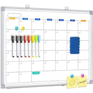Dry Erase Calendar Whiteboard for Wall, 24" x 18" Magnetic Monthly White Board Calendar Dry Erase, Wall Hanging Aluminum Frame with Tray for Home, School, Office