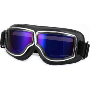 FEISEDY Motorcycle Goggles Vintage Anti Fog Pilot Style Leather Riding Glasses Safety Sport Eyewear B0046 (Black Frame/Blue Mirrored Lens)
