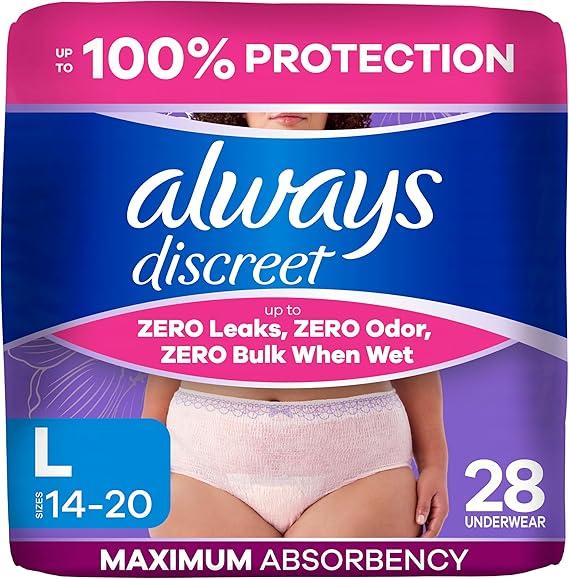 Always Discreet Adult Diapers for Women, Incontinence Underwear, Postpartum Essentials, Disposable Briefs, Max Absorbency, Bladder Leak Protection, Large, 28ct