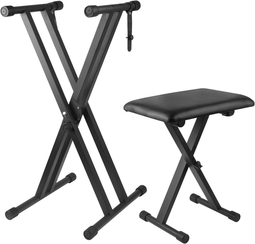 Keyboard Stand Piano Bench Set, Double X Adjustable Keyboard Stand Piano Stand with Lockable Straps, (Piano Keyboard Stand x 1, Piano Bench x 1), (7 Adjustable Heights), Black