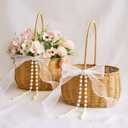 SiliFine 2 Pcs Wicker Rattan Flower Girl Basket with Bows and Pearl 11.8x8.7x5.1 Inches Rustic Wedding Basket for Flower Girl, Hand Woven Willow Storage for Ceremonies Home Decoration (Classic)