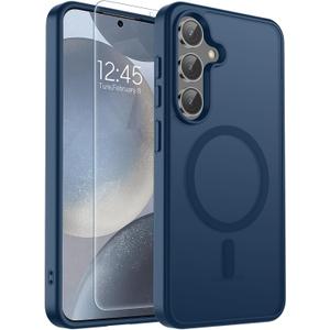 SUPFINE Magnetic for Samsung Galaxy S24 Case / S25 Case with Screen Protector, (Built-in Magnets) (Military Grade Drop Protection) Slim Translucent Shockproof Phone Case,Sapphire Blue