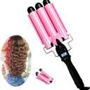 3 Triple Barrel Ceramic Tourmaline Curling Iron Wand with LCD Temperature Display - 1 Inch Crimping Waver, Dual Voltage (Pink)