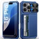 for iPhone 16 Pro Case Wallet with Screen Protector (Tempered Glass), Slide Camera Cover,Card Holder (4-5 Cards), Military Grade Drop Proof, Heavy Duty Men Women Case for iPhone 16 Pro, Blue