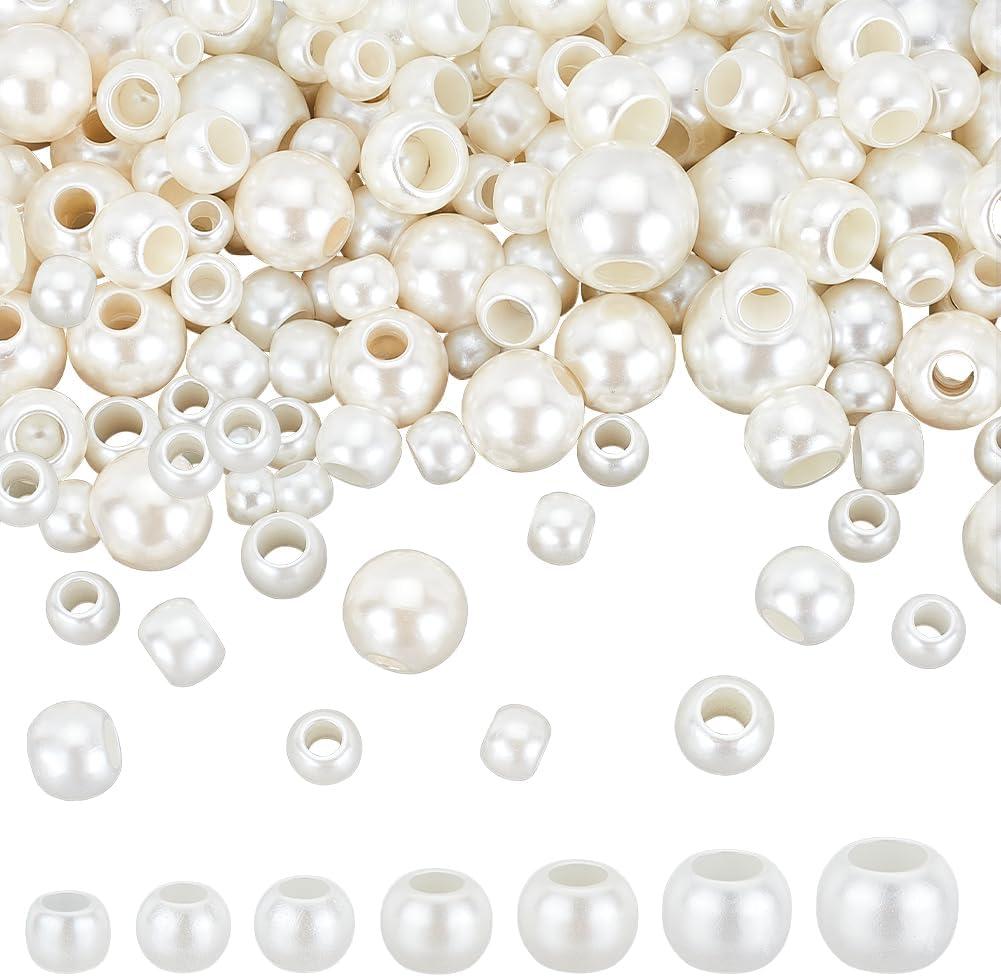 PH PandaHall 450pcs Large Hole Pearl Beads 8 Sizes 8~25mm White Pearl Beads with 4~10mm Hole, Plastic Imitation Pearl European Beads Large Hole Beads for Bracelets Necklaces Jewelry Bag Chain Making