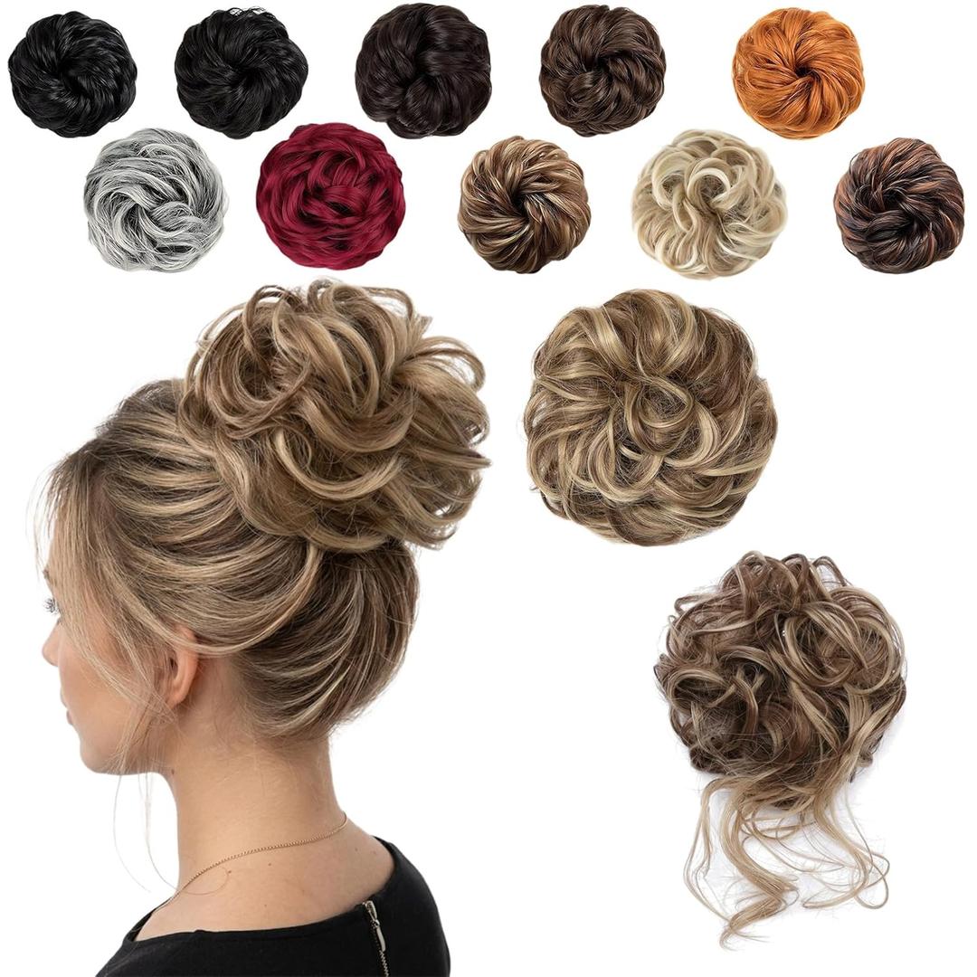 2PCS Messy Bun Hair Piece for Women Wavy Curly Scrunchies Synthetic Chignon Ponytail Hair Extensions Thick Updo Hairpieces Brunette/Ash Blonde
