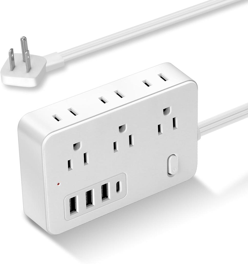 10Ft Surge Protector Flat Extension Cord Flat Plug Power Strip, 6AC Outlets, 4 USB Charger(1 USB C Port), 1700 Joules Protection, Office Supplies, Dorm Room Essentials (White)