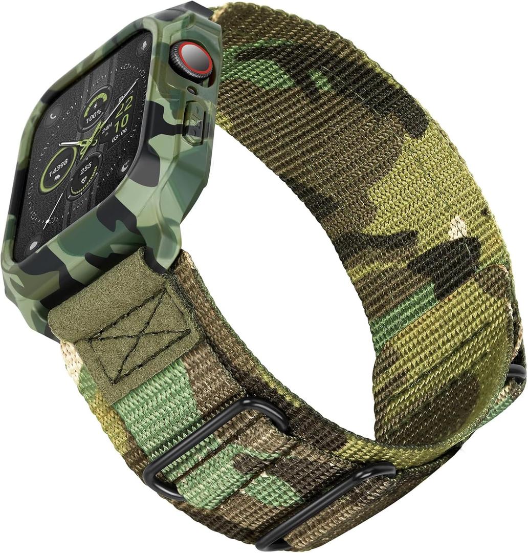 SUNFWR Bands Compatible with Apple Watch 44mm 45mm with Case,Rugged Sport Apple Watch Strap with Protective Cover for iwatch Series 9/8/7/6/5/4/SE for Men(Camouflage)