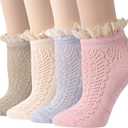 Funcat Lace Short Socks, Ladies Women Big Girl Gift Elastic Sheer Knitting Patterned Lolita Ankle Hosiery Socks 4 Pairs