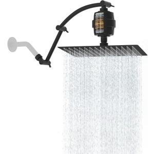 Hibbent All Metal Rain Filtered Shower Head, 12'' High Pressure Rainfall Showerhead with 16" Shower Extension Arm, 20 Stage Shower Filter, Solid Brass Adjustable Shower Arm Extender, Matte Black