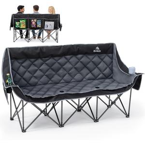 3 Person Camping Chair Oversized Padded Loveseat Camping Chairs Heavy Duty Folding Outdoor Couch with Cup Holder & Phone Side Pocket Extra Wide Outdoor Loveseat for Camping, Tailgating, Lawn Black