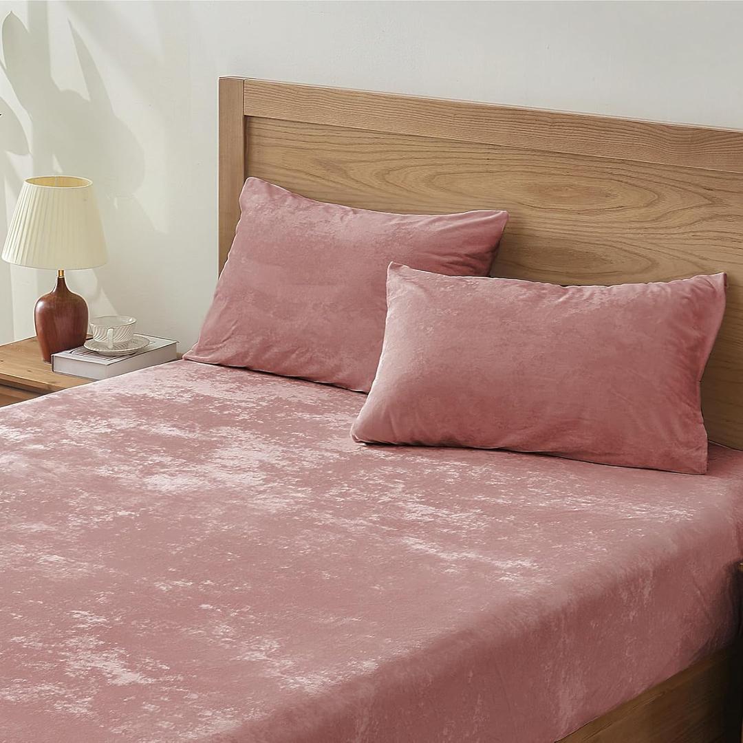 BEDELITE Velvet Fitted Sheet and Pillowcases Set, Luxury Soft Fuzzy Bottom Sheet with Reinforced Elastic Corner Straps, Deep Pocket up to 15", 1 Fitted Sheet and 2 Pillowcases (Cal King, Dusty Pink)