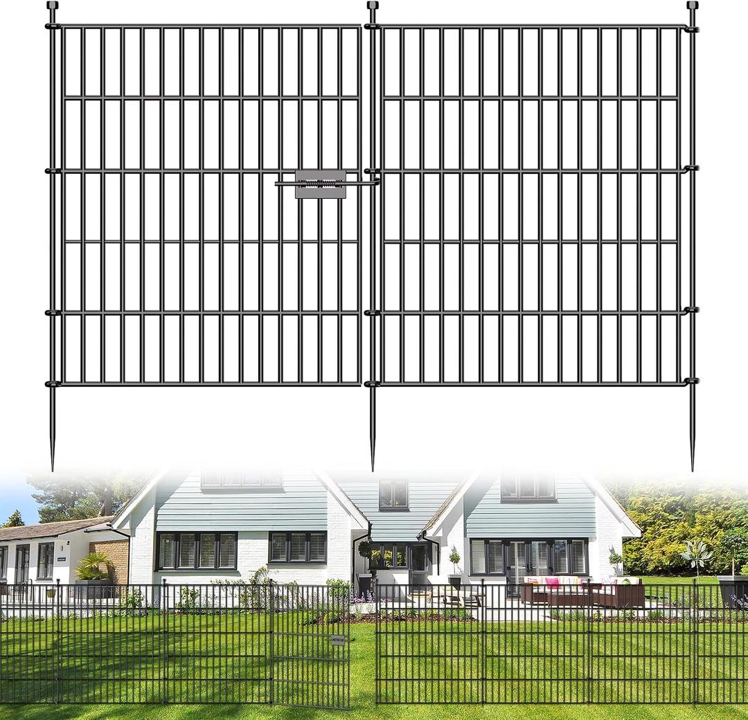 10 Panels No Dig Decorative Outdoor Garden Fence with Gate for Yard, 32 in(H) X 23.6 ft(L) Animal Barrier Fencing Rustproof Metal Wire Panel Border for Dog, Rabbits, and Patio Temporary Ground Stakes