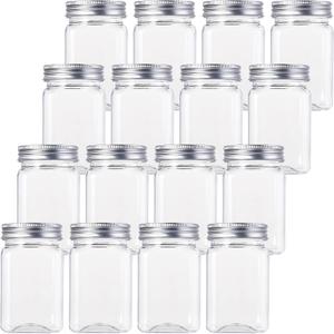 Bekith 16 Pack Clear Plastic Jars with Lids, 13oz Airtight Container for Food Storage, Refillable Square Empty Plastic Jars for Dry Food, Peanut Butter, Honey and Jam Storage