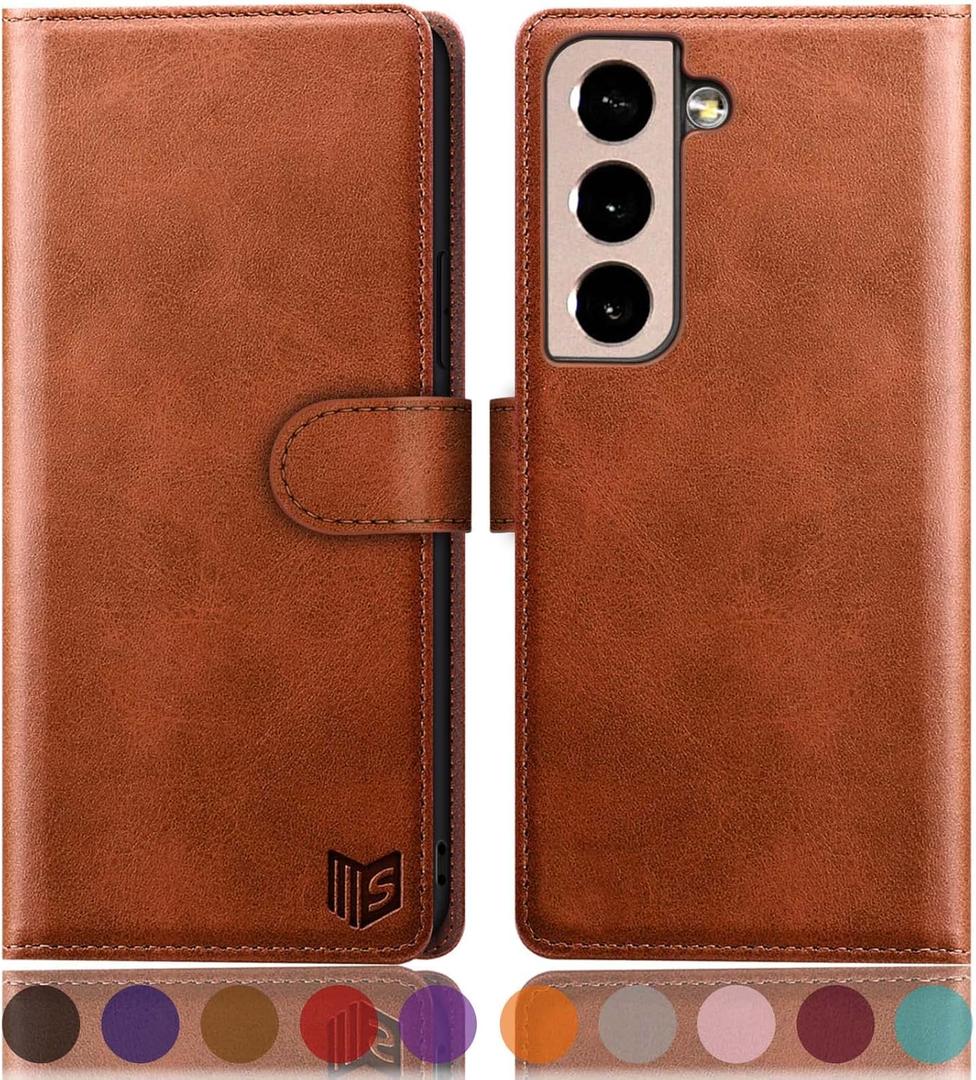 SUANPOT for Galaxy S22+ 5G RFID Leather Wallet Case, Credit Card Holder, Flip Folio, Shockproof Cover - Light Brown