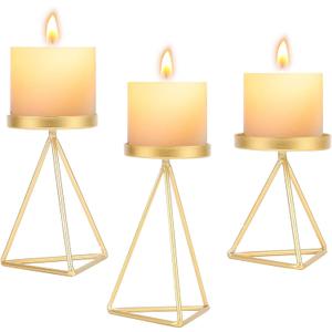3 PCS Geometric Candle Holders for Pillar Candles Gold Metal Pillar Candle Holder Vintage Candle Stands Table Centerpiece for Wedding Christmas Home Decoration