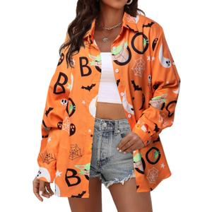 Halloween Shirt Women Hocus Pocus Shirt Halloween Witch Tee Pumpkin Graphic Shirt Long Sleeve Button Down Blouse (X-Large, Yellow)