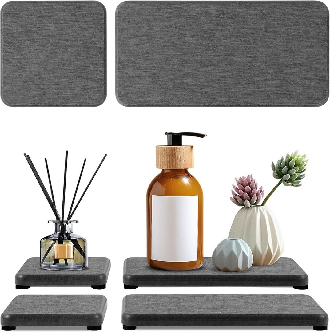4PCS Water Absorbing Stone Tray, Quick Drying Diatomite Stone Sink Tray, Water Absorbent Diatomite Coasters Used for Hand Soap Dispenser Toothbrush Sponges Holders in Bathroom Counter and Kitchen Sink (Dark Gray)