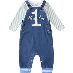 Ritatte Baby Boy 1st Birthday Outfits Striped Long Sleeve Romper Embroidery Print Suspender Jeans Jumpsuit Fall Overalls Set, 12-18 months