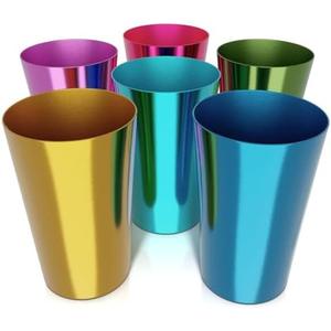 Retro Style Aluminum Cups 15 oz Set of 6 - Metal Tumblers for Cold Drinks, Festive Color-Finished Metal Cups for Drinking, Stackable and Dishwasher-Safe, for Home, Camping, Patio & Holiday Parties