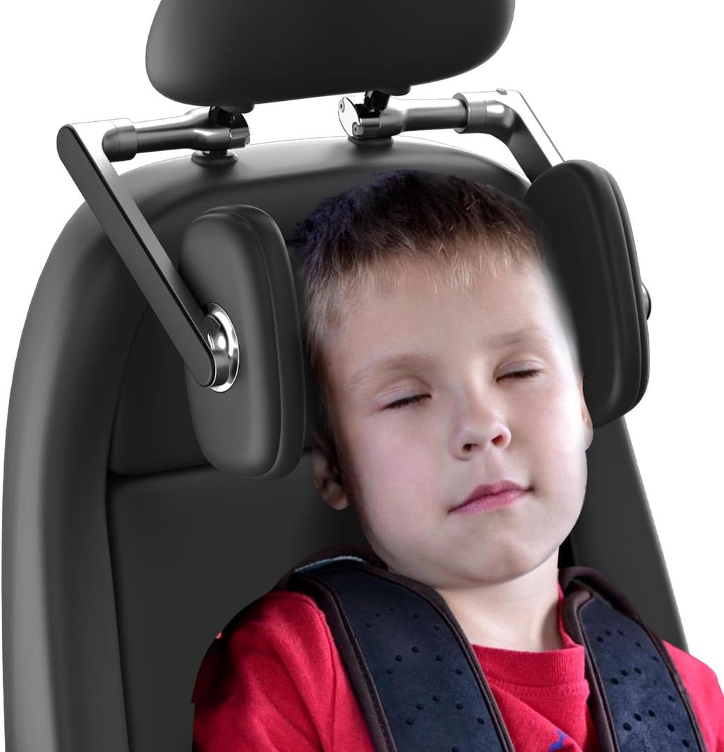 Car Headrest Pillow Adjustable Road Pal Headrest, Head Neck Support Pillow, Travel Sleeping L Shaped Design for Kids and Adults, Only Suitable for Car Seat Headrest with Poles, Black