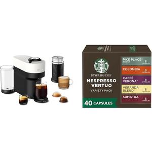 Nespresso Vertuo Pop+ Coffee and Espresso Maker by Breville with Milk Frother, Coconut White + Starbucks Capsules, Vertuo Line