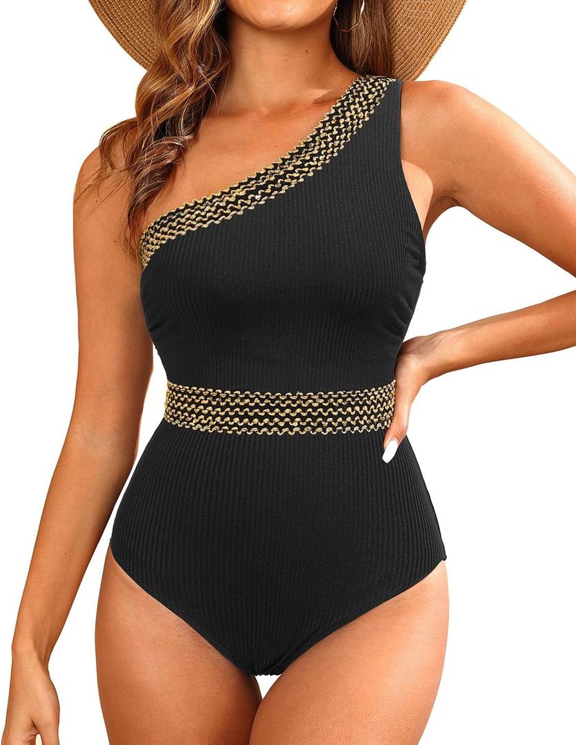 Blooming Jelly Women's Tummy Control Swimsuits Slimming High Cut One Piece Swimsuit(Large,Black)