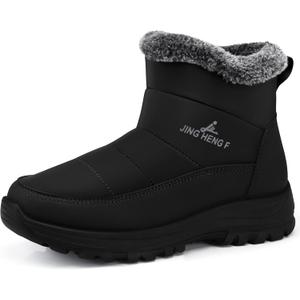 SHIBEVER Winter Boots for Women Snow: Fur Lined Warm Ankle Boots - Adjustable Water Resistant Outdoor Zipper Snow Shoes (Size 7, 070-black)