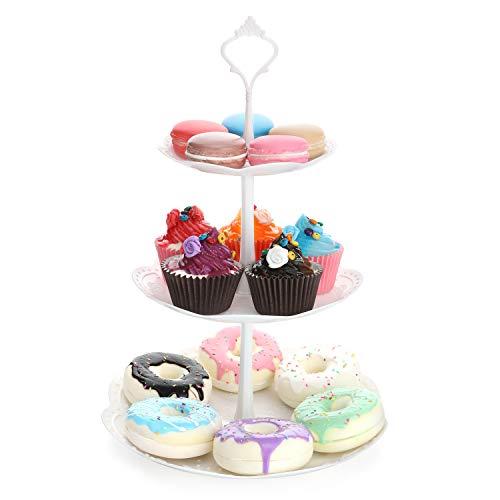 Nuovoware 3-Tier Plastic Cake Stand, Fruit Desserts Candy Buffet Tea Snack Cookies Cupcake Holder Serving Platter Display Home Decor for Halloween Wedding Birthday Festival Party, Round, White