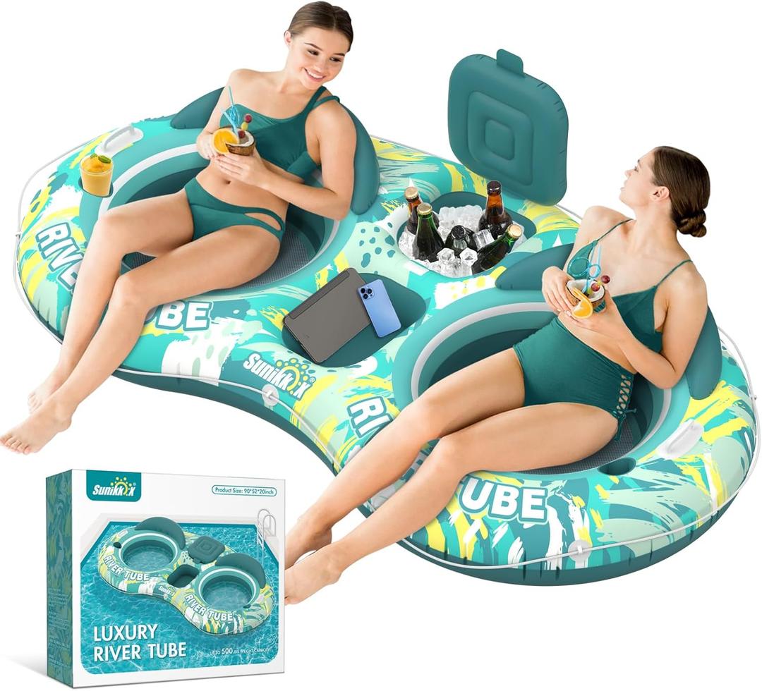 5-in-1 Pool Floats Adult Heavy Duty River Tube, 2 Person Water Lounge with Backrests, Built-in Cooler, Cup Holders, Deluxe Pool Float for Summer Relaxation (Green)