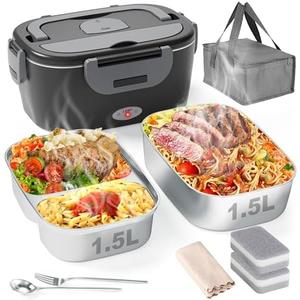 Geveniss Electric Lunch Box for Men, Women & Adults - 80W Fast Heating - Heated Lunch Box with Dual 1.5L SS Containers - Portable Food Warmer for Car, Truck, Office