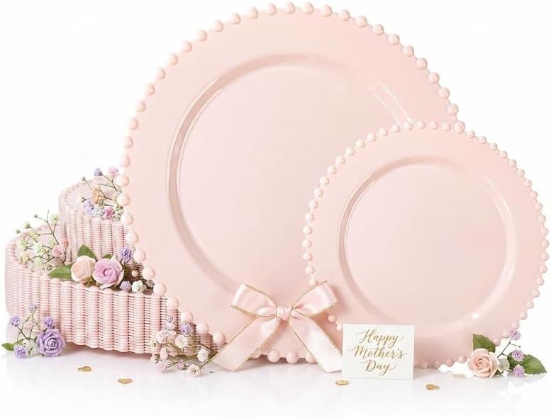 U-QE 60PCS Pink Plastic Plates - Heavy Duty Beaded Pink Disposable Plates for Mothers Day, Party, Baby Shower, Wedding - Serving 30 Guests Include 30PCS 10inch Dinner Plate & 30PCS 7inch Dessert Plate