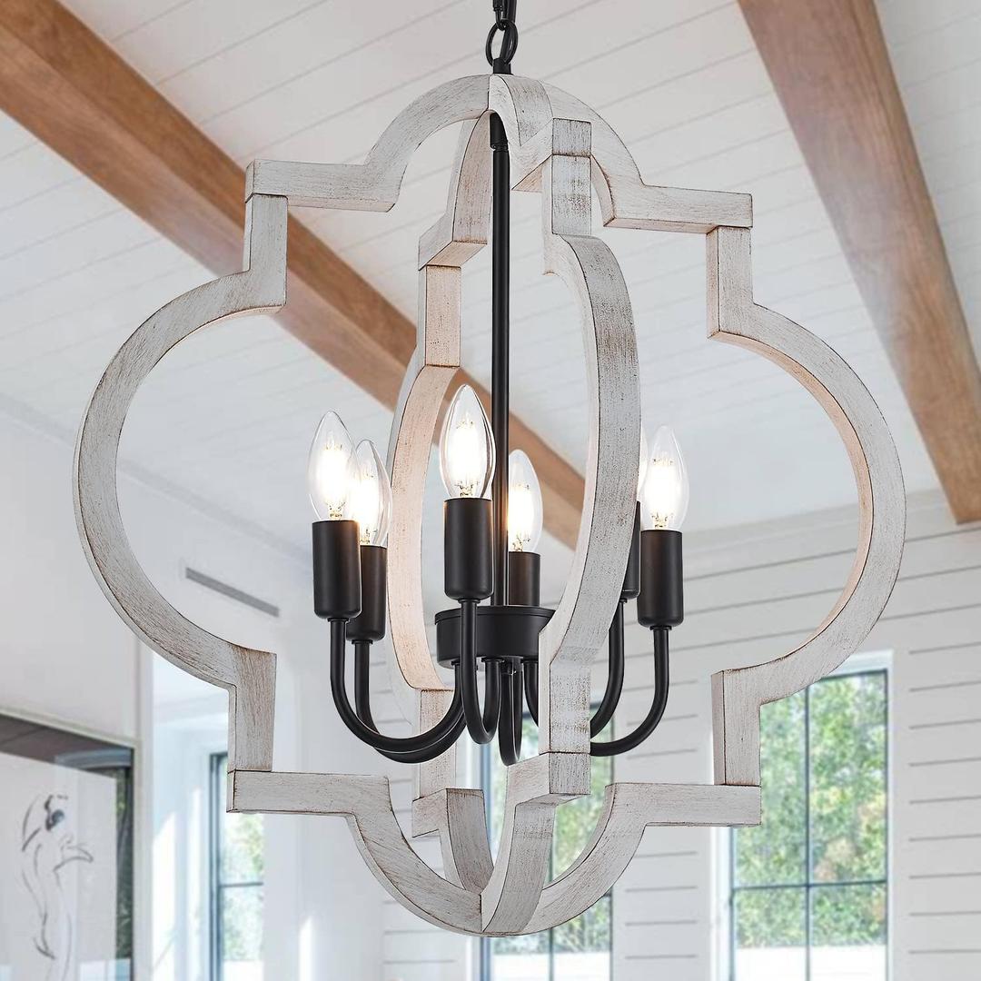 6-Light 21" Farmhouse Orb Chandelier Rustic Handmade Distressed White Wood Hanging Ceiling Pendant Light Fixture Wood Lantern Chandeliers for Dining Room Kitchen Bedroom Foyer Hallway