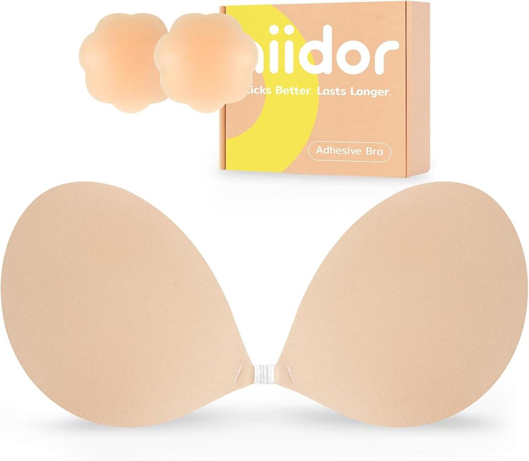 Niidor Adhesive Bra Strapless Sticky Invisible Push up Silicone Bra for Backless Dress with Nipple Covers Nude(B Cup)