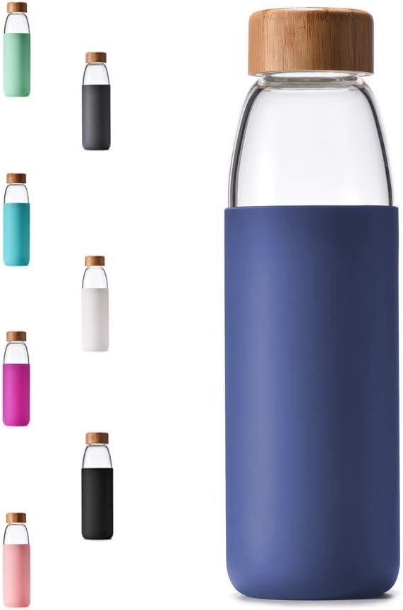 veegoal 25 Oz Borosilicate Glass Water Bottles with Bamboo Lid, BPA-FREE, Non-Slip Silicone Sleeve, and Stainless Steel Leak Proof Lid - Reusable Glass Bottle for Men and Women (Sapphire Blue)