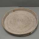 11.8 inch Round Rattan Tray, Decorative Coffee Table Trays, Ottoman Tray, Woven Serving Tray with Handles, Wicker Serving Basket, Whitewash