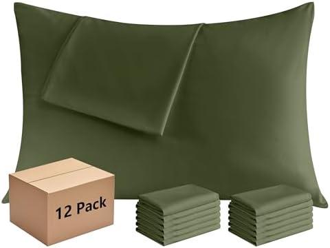 Pillowcases King 12 Pack, 20x36 Pillow Cases with Envelope Closure, Soft Plain Brushed Microfiber Covers Breathable Wrinkle-Resistant, Olive Green
