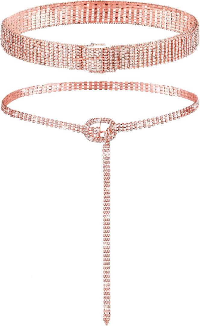 Geyoga 2 Pcs Rhinestone Belts for Women Dress Sparkly Crystal Diamond Ladies Belt Adjustable Wide Waist Chain for Wedding