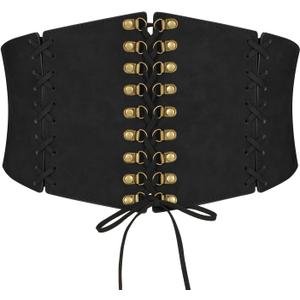 LEACOOLKEY Women's Wide Corset Belt - Vintage Elastic Waist Lace-up Tied Waspie for Dresses and Halloween Costume (Fit Waist Size 23"-26", Black)