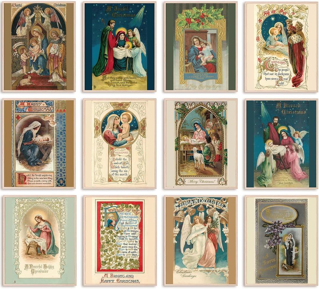 2 x 12Pcs Christmas Wall Art Prints Vintage Aesthetic Art Posters Jesus Holy Night Xmas Pictures Room Decor for Winter Gallery Living Room Bathroom Wall Decor(UNFRAMED, 8 x 10inch)