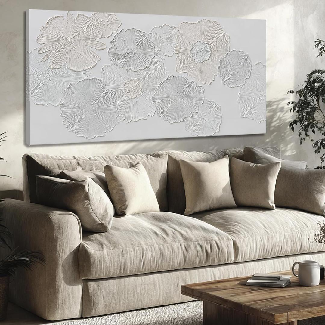 NBAODAN Flower Wall Art White Minimalist Room Decor Abstract Art Wall Decor Textured Living Room Wall Decorations Hand Painted Artwork for Kitchen Home 24x48 Inch