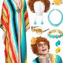 Velmitten Landlady Costume Including Caftan Dress Curly Wig Necklace Earring Sunglasses Rings Hair Clip for Halloween Cosplay (Orange and Green Striped)