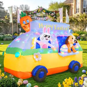 7.3FT Long Easter Inflatables Outdoor Decorations - Bunny and Dog Riding Bus, Build-in LED Lights Holiday Blow Up Yard Decoration, for Patio Garden Lawn Party Celebration Decor