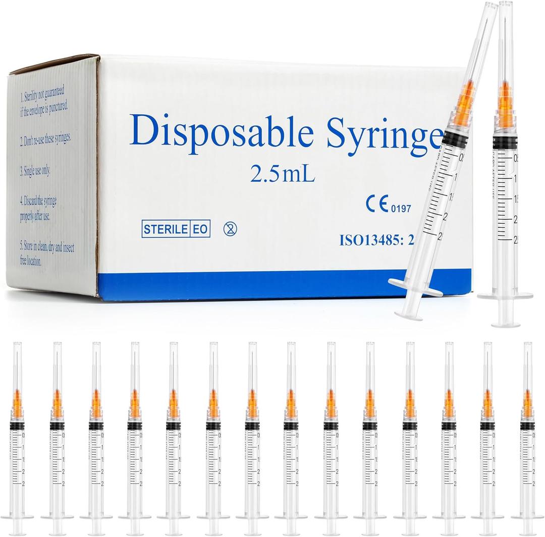 100 Pack 2.5ml Syringes with Needle - 25G 1 inch Disposable 2.5cc Luer Lock Syringe for Scientific Lab Use, Sterile Individually Wrapped