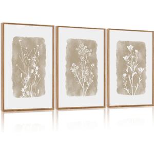 CHDITB Vintage Floral Framed Canvas Wall Art Set Of 3, Minimalist Wall Decor, Nature Inspired Wildflower Wall Painting, Neutral Botanical Flower Art Prints For Dining Room Bedroom Decor(12X16 Inch)