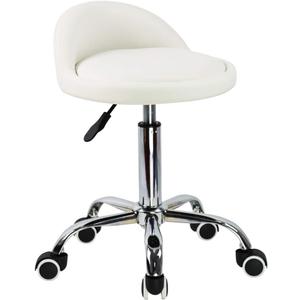 KKTONER PU Leather Round Rolling Stool with Back Rest Height Adjustable Swivel Drafting Work SPA Task Chair with Wheels (White)