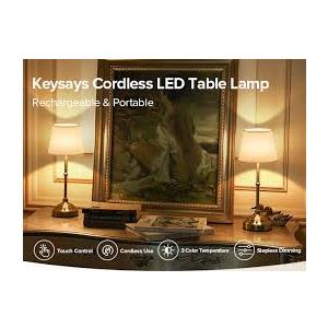 keysays 2 Pack Cordless Table Lamp, Rechargeable Desk Lamp with Fabric Shade, Battery Operated Lamp 3 Color Stepless Dimming, Small Touch Bedside Lamp Home Decor for Dining, Counter (Brushed Gold)
