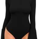 MANGOPOP Bell Sleeve Mock Neck Long Sleeve Bodysuit for Going Out Tops for Women, Size L